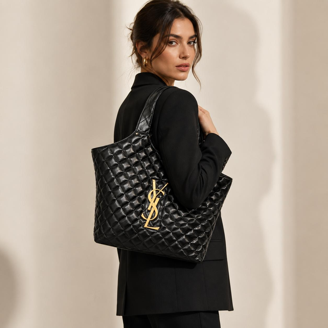 Luna Quilted Black Tote Bag