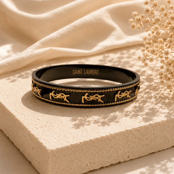 YSL Μαύρη Χειροπέδα με Χρυσά Λογότυπα YSL