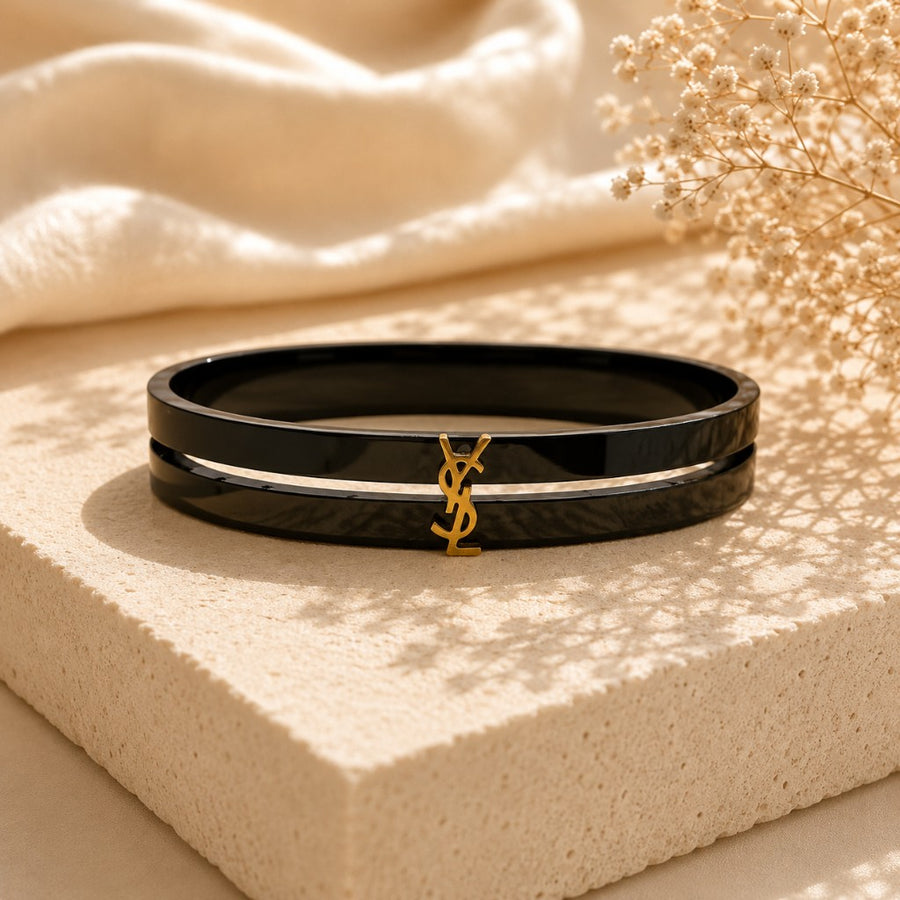 YSL Μαύρη Διπλή Χειροπέδα με Χρυσό Λογότυπο