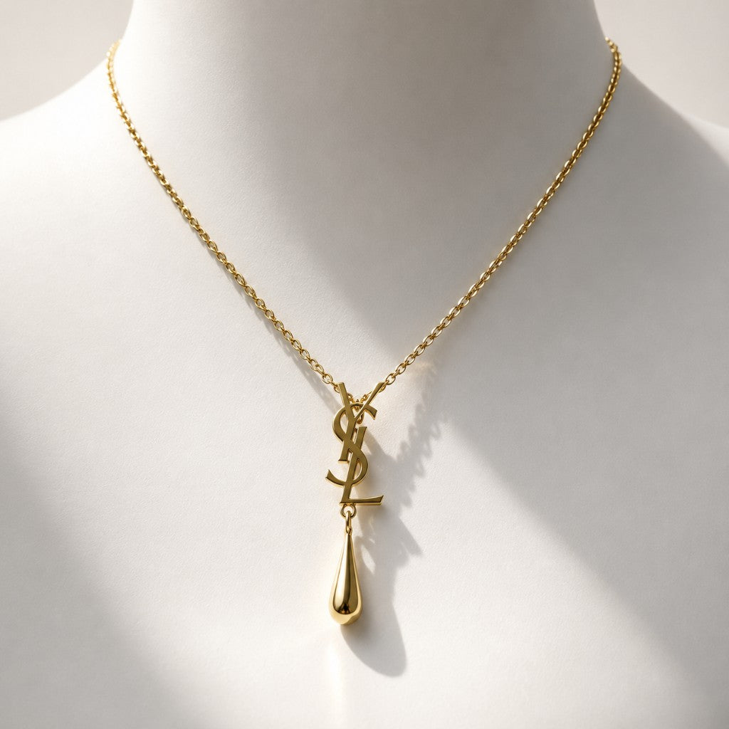 YSL Κολιέ με Μονόγραμμα και Χρυσή Σταγόνα