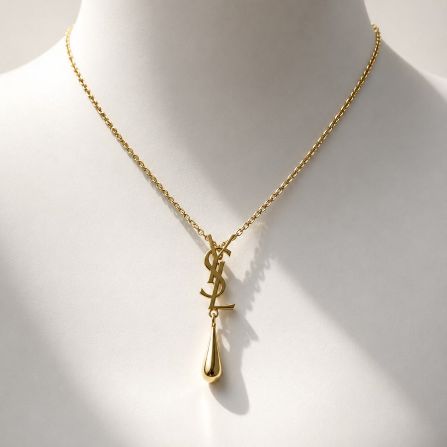 YSL Κολιέ με Μονόγραμμα και Χρυσή Σταγόνα