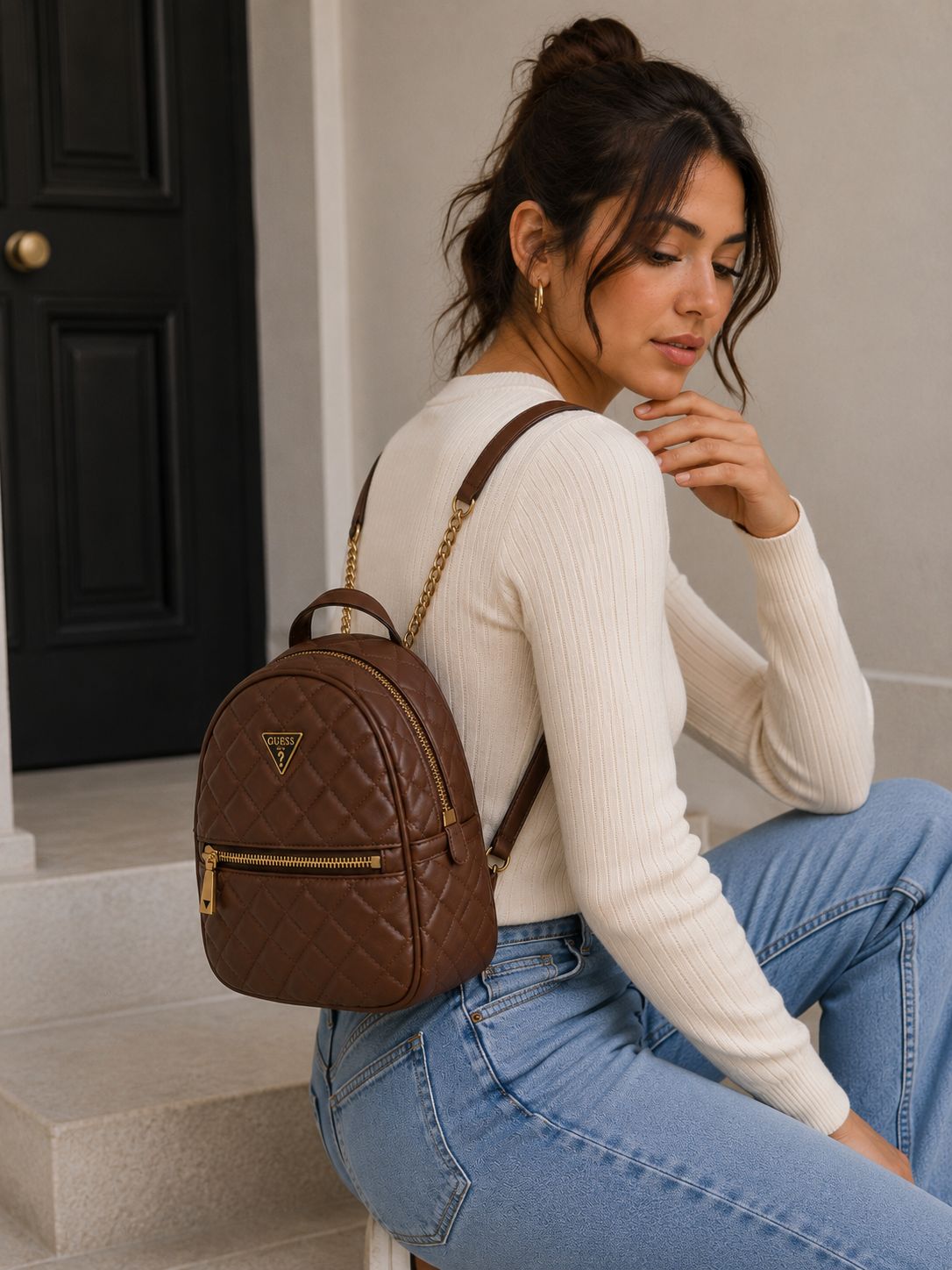 Guess Quilted Mini Backpack Cognac