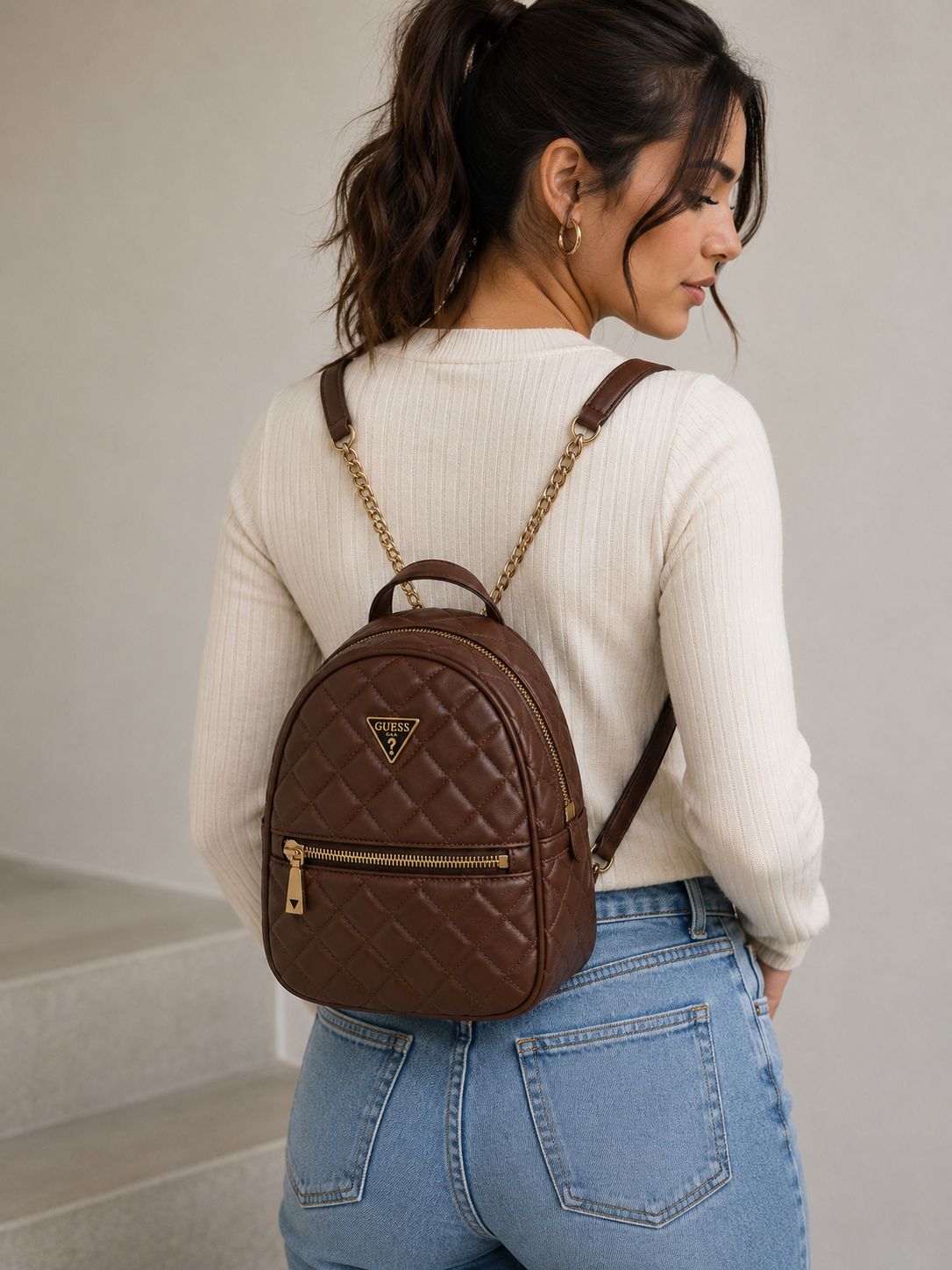 Guess Quilted Mini Backpack Cognac