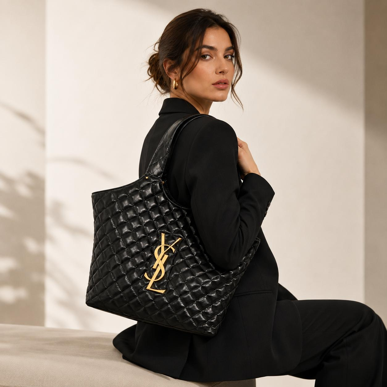 Luna Quilted Black Tote Bag