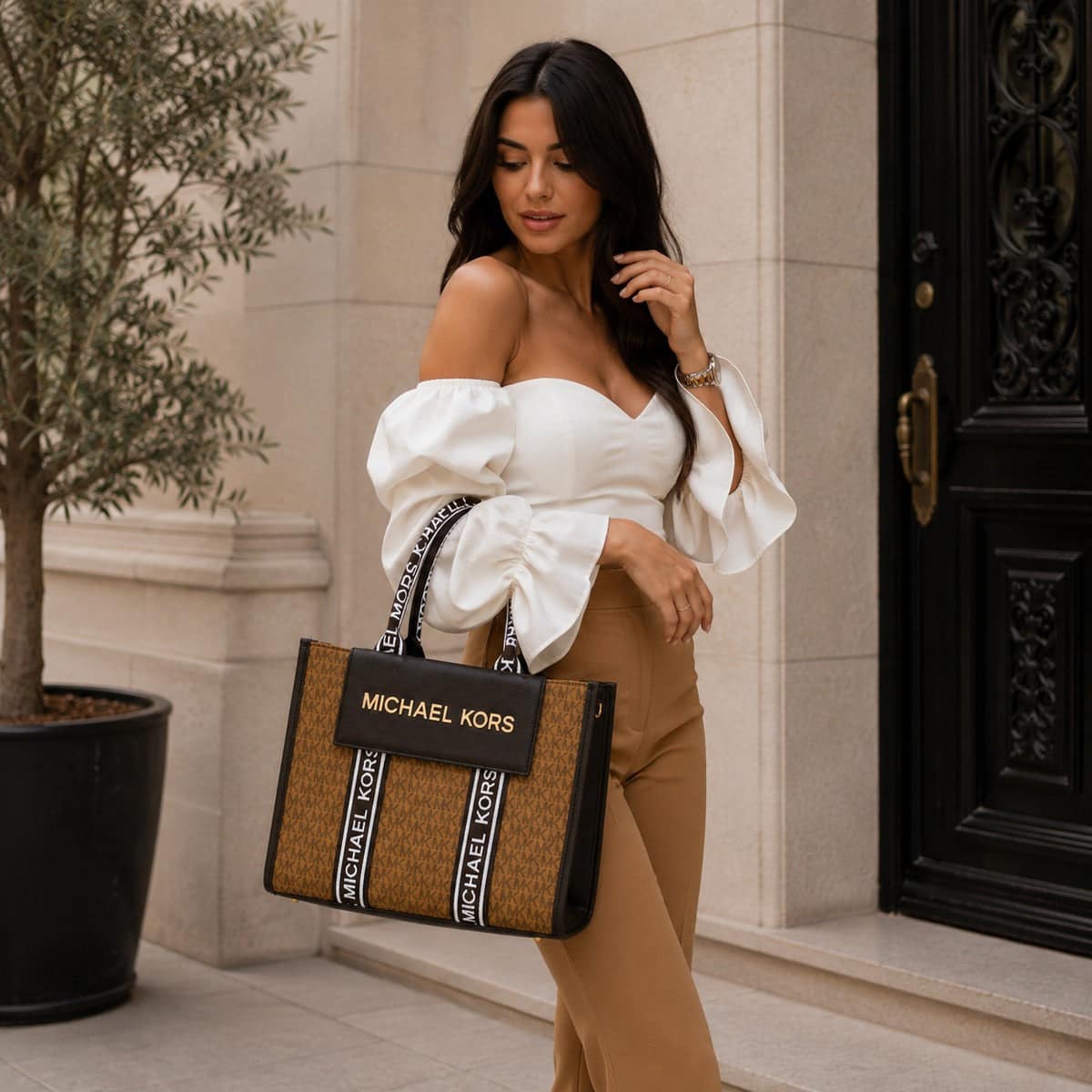 Michael Kors Monogram Tote Tan White Strap