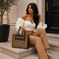 Michael Kors Monogram Tote Tan White Strap