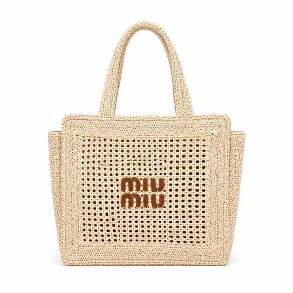 Miu Miu Woven Mesh Straw Tote Natural