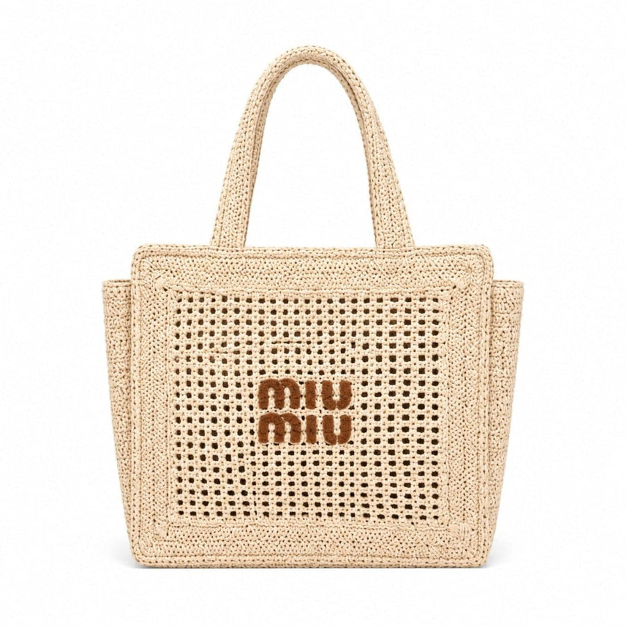 Miu Miu Woven Mesh Straw Tote Natural