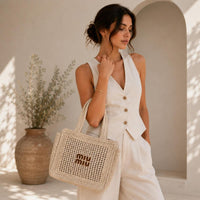 Miu Miu Woven Mesh Straw Tote Natural