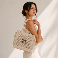Miu Miu Woven Mesh Straw Tote Natural