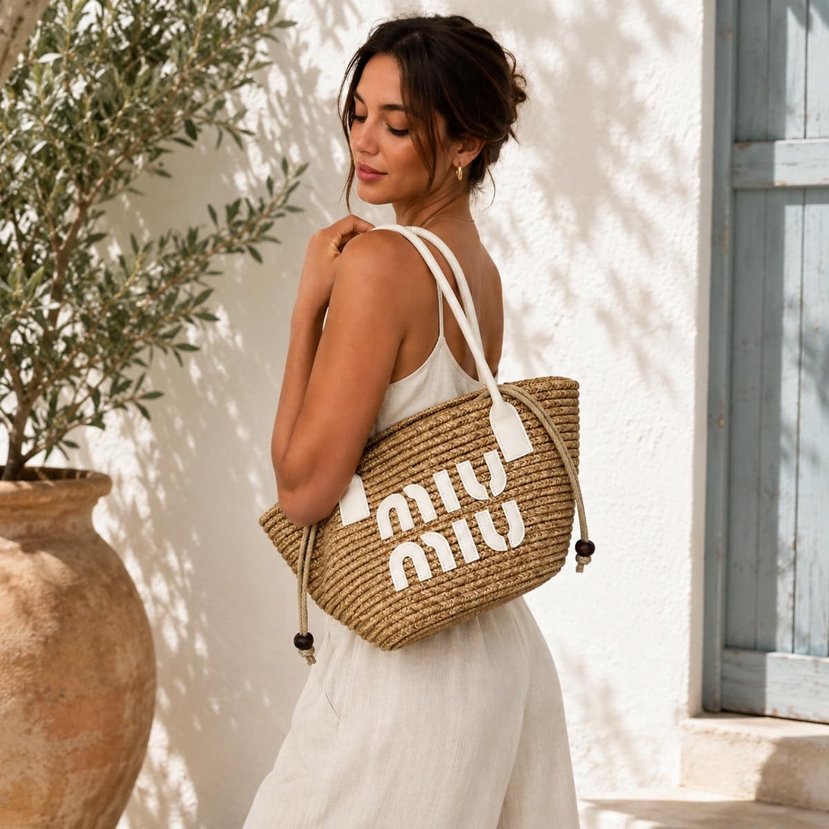 Miu Miu Woven Straw Tote Natural