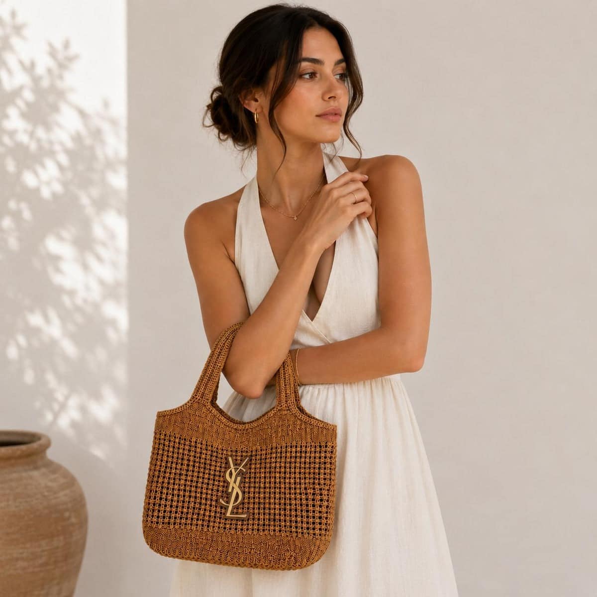 Saint Laurent Woven Raffia Tote Brown