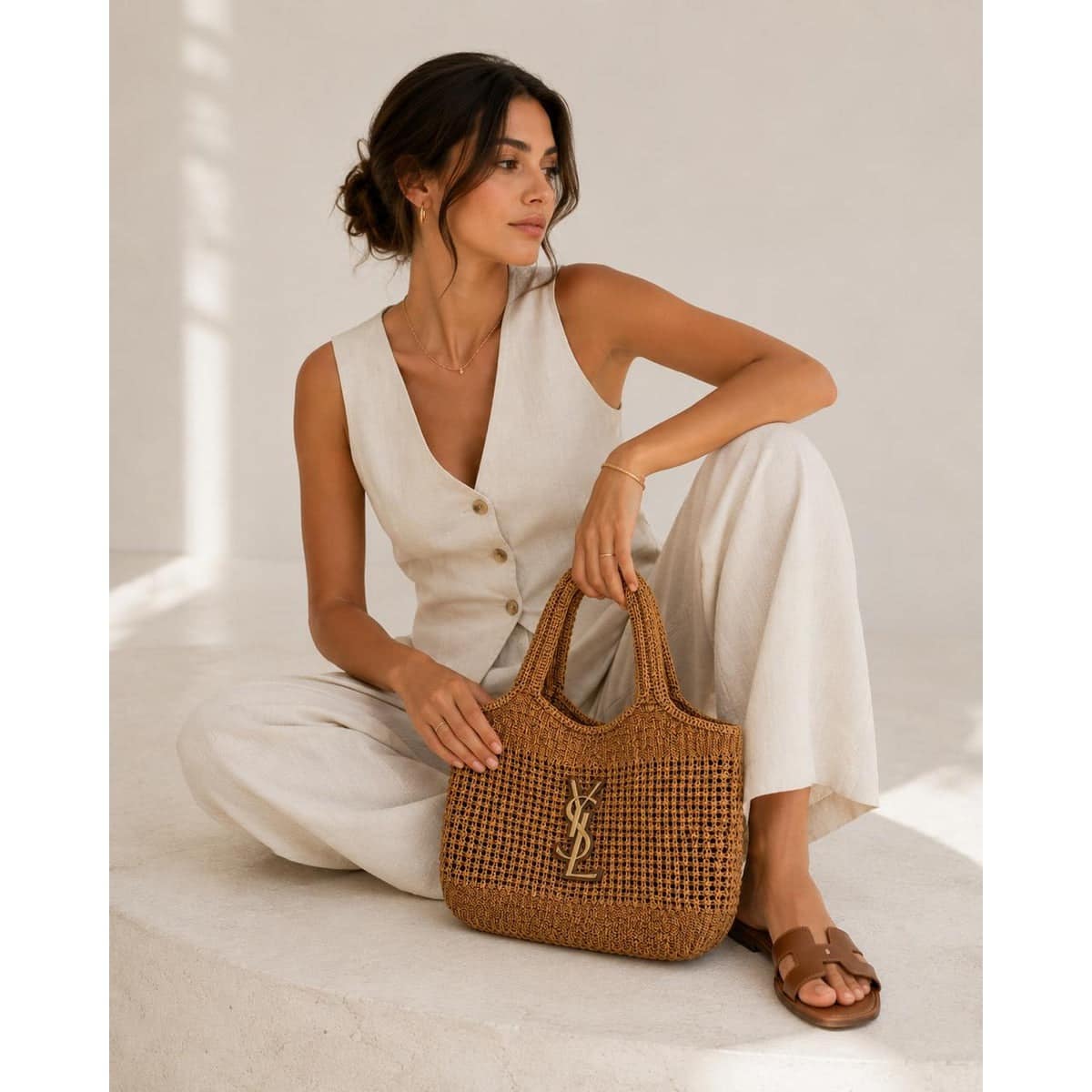 Saint Laurent Woven Raffia Tote Brown