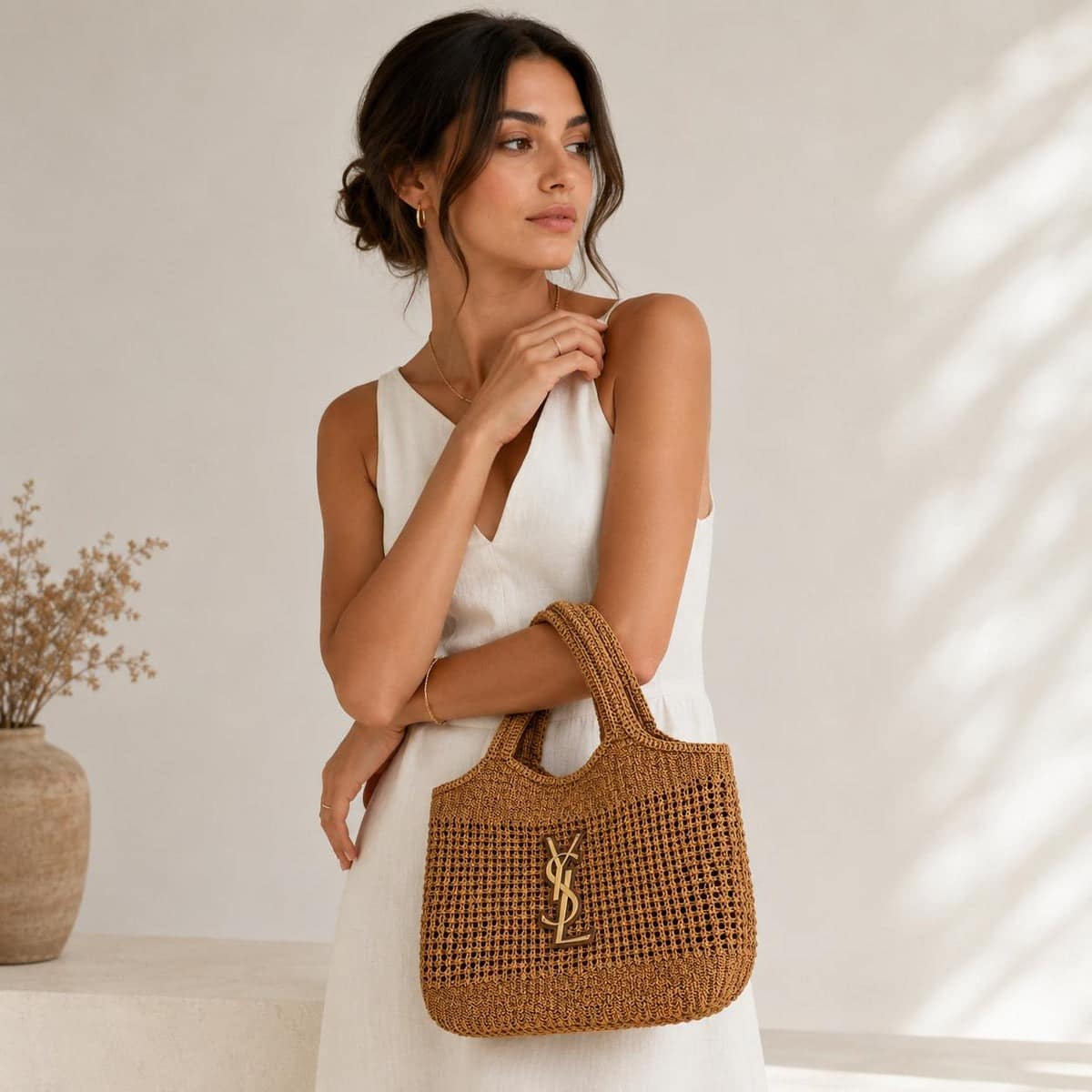 Saint Laurent Woven Raffia Tote Brown