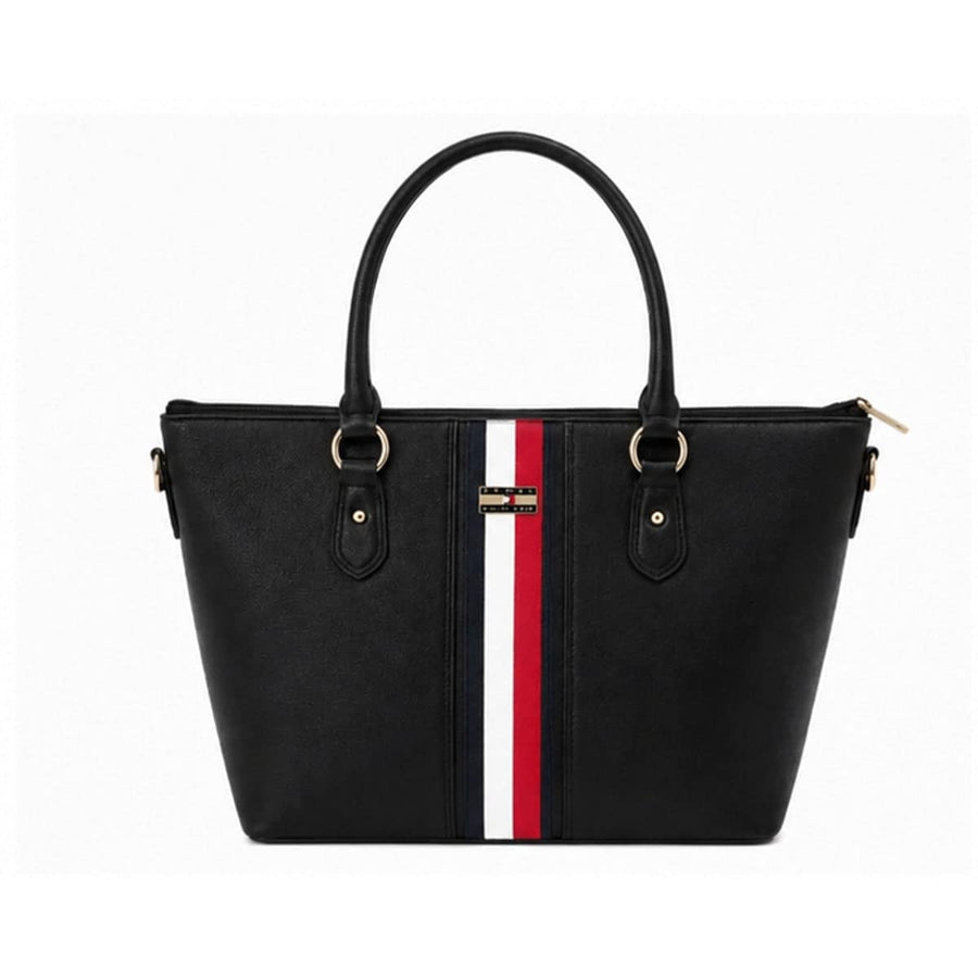 Tommy Hilfiger Τσάντα Tote Μαύρη με Τρίχρωμη Ρίγα