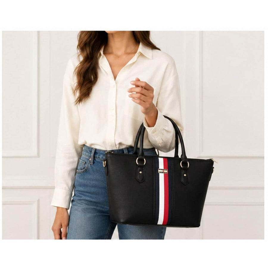 Tommy Hilfiger Τσάντα Tote Μαύρη με Τρίχρωμη Ρίγα
